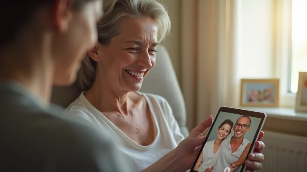 Older woman smiling during a video call on her tablet
