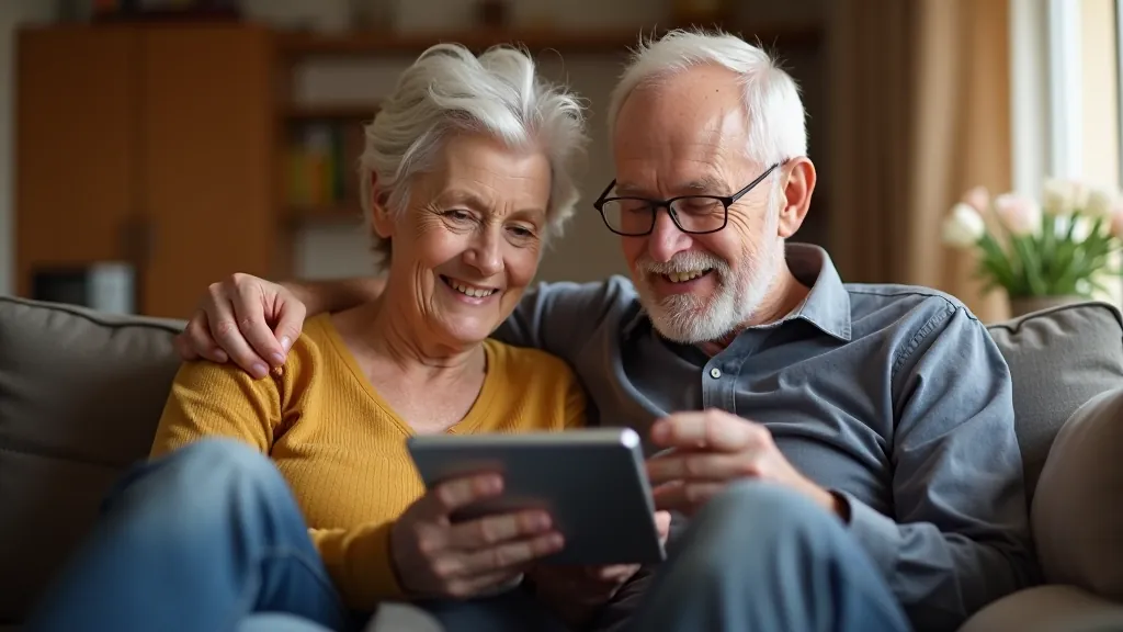 Couple aged 60-65 looking at smartphone together, confused expressions, bright daylight from window