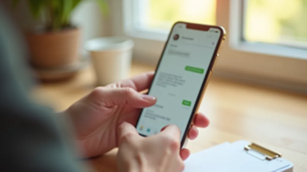 Close-up of hands holding smartphone with messaging app open on home screen, bright daylight from window, wooden table surface, clear focus