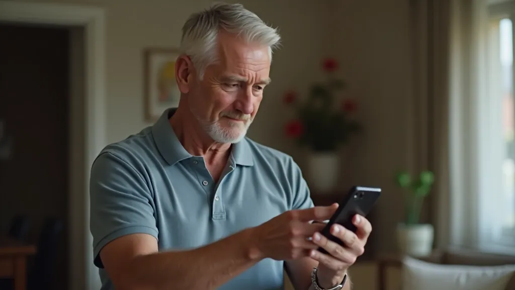 Elderly man holding smartphone with frustrated expression, showing phone screen with poor connection symbol, sitting in home office