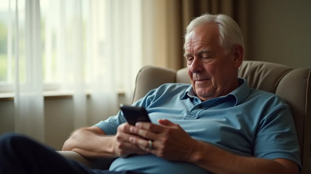 Man aged 65 holding smartphone with family photos displayed on screen, sitting in bright room