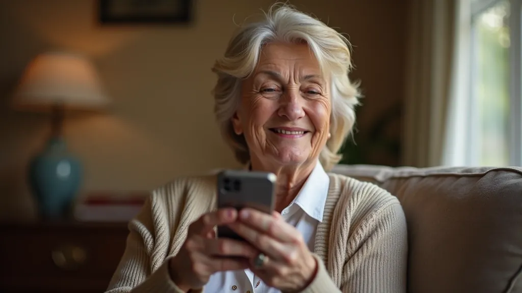 Older woman looking at smartphone screen with satisfied expression, holding device at comfortable viewing angle, warm indoor lighting
