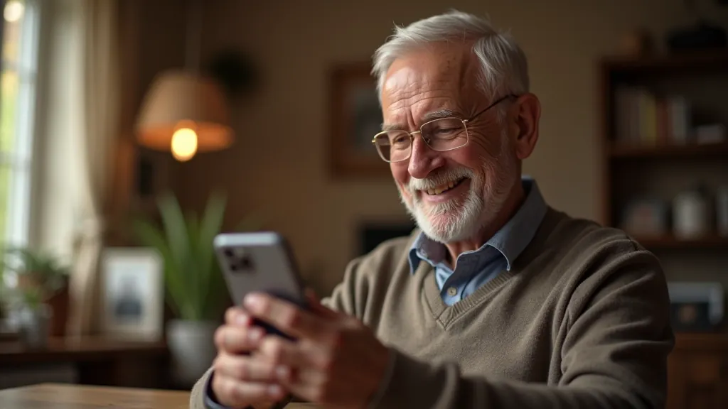 Warm moment showing an older adult successfully making a video call on a smartphone with visible family members on screen