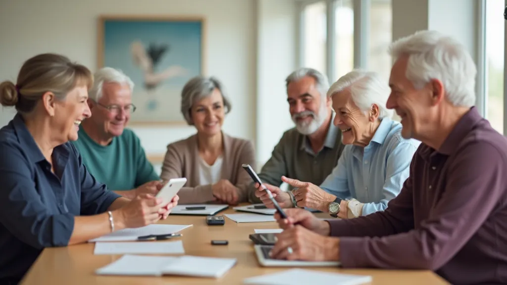 Older adults learning digital communication skills together in a bright, welcoming learning environment