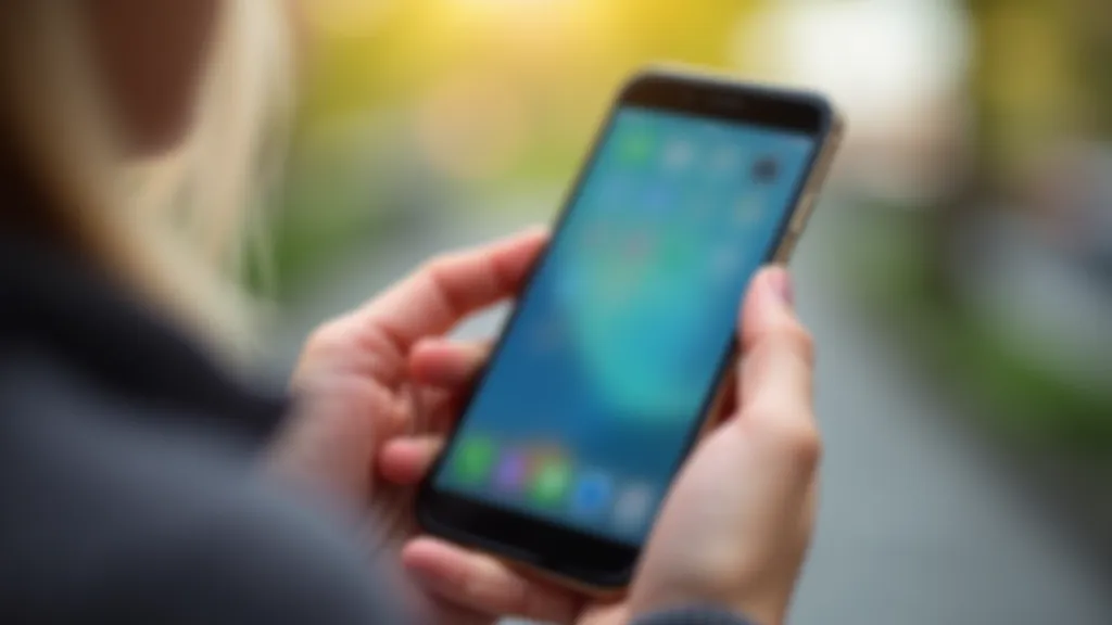 Close-up of smartphone screen showing WiFi and data icons at the top, hand holding phone with blurred background
