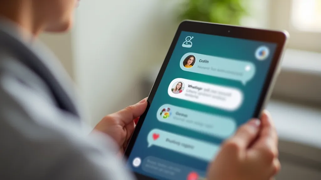 Tablet screen displaying WhatsApp app with message notifications and conversation list visible