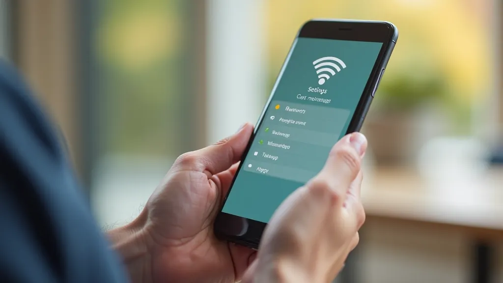 Smartphone in hand showing WiFi signal indicator and network settings menu, clear bright display