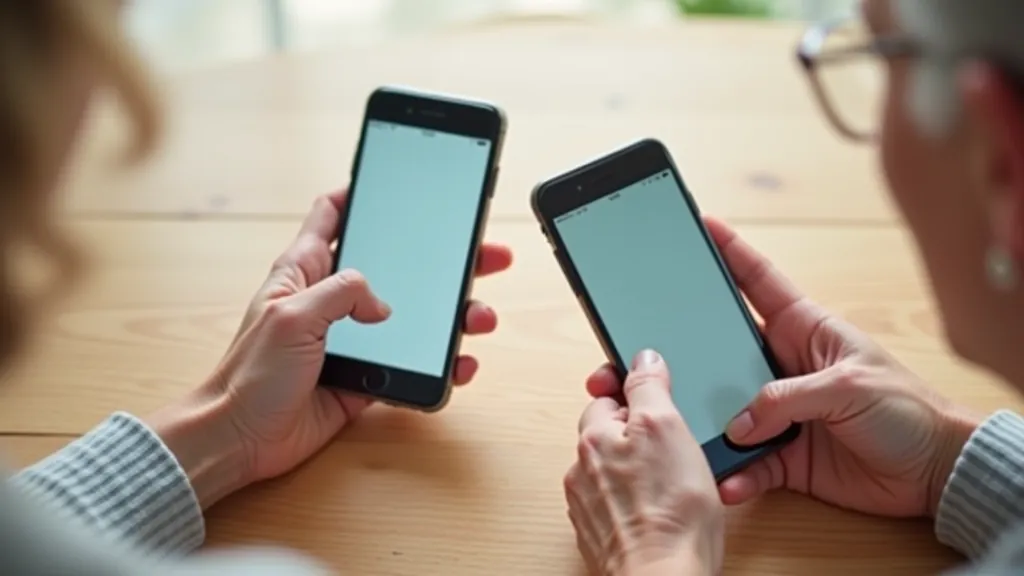 Two smartphones side by side on wooden table showing WhatsApp and Viber video call screens with smiling faces, bright natural lighting