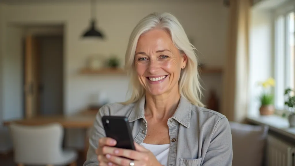 Older woman holding smartphone, looking at profile picture upload screen with smiling expression