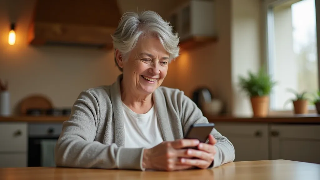 Woman aged 60 smiling while holding smartphone, showing setup process on screen, warm home environment