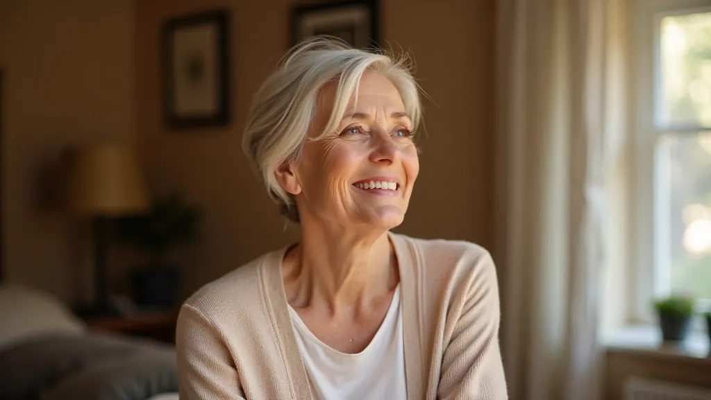 Elderly woman wearing glasses, portrait from chest up, smiling during a video call with warm home lighting and neutral background
